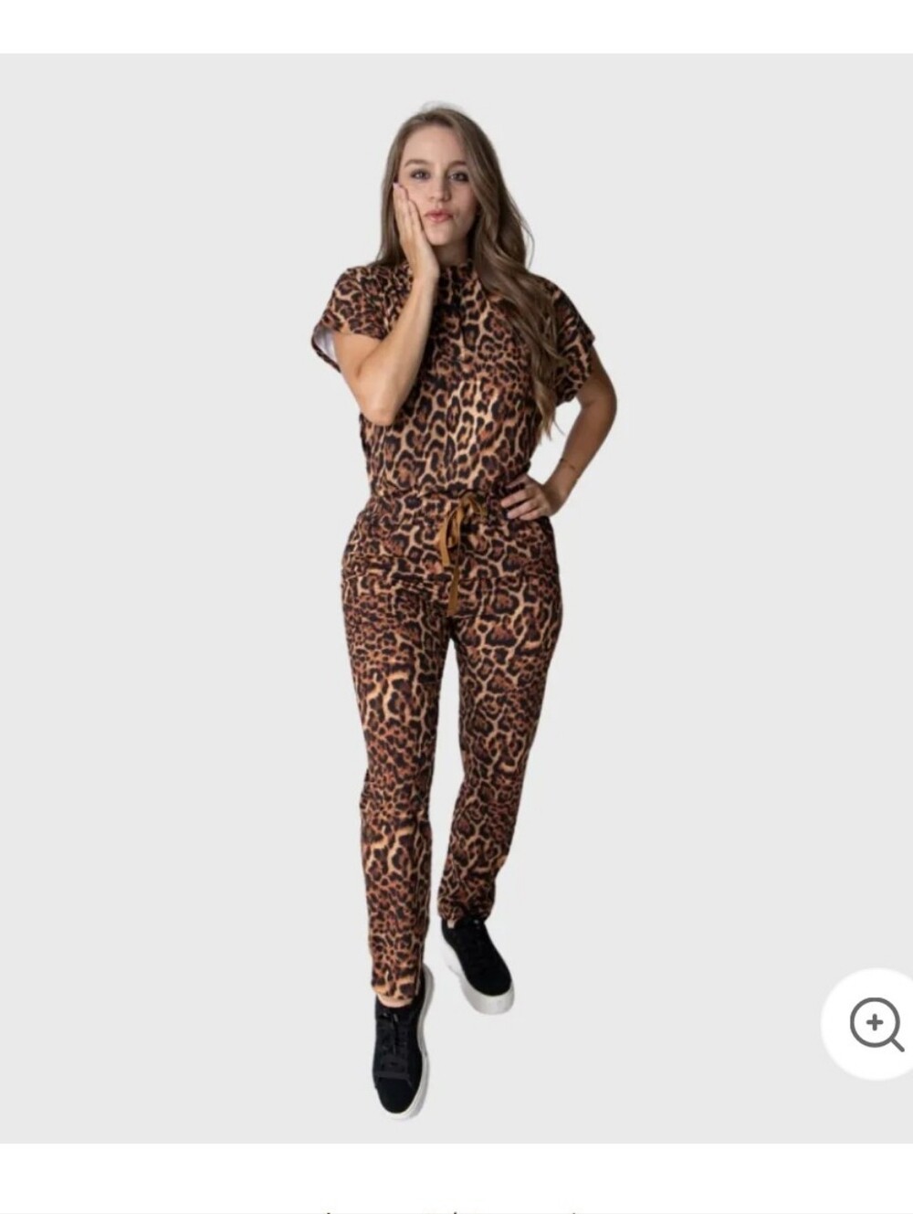 Leopard Print Drawstring Jumpsuit - Brown